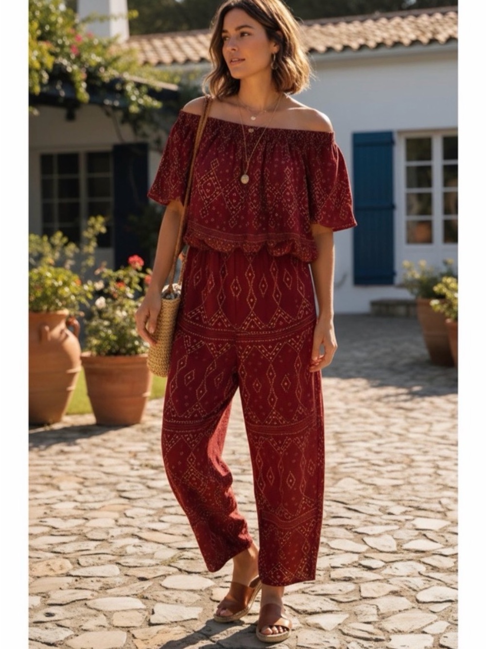 Beach Gold | Red Tapestry Flutter Sleeve Jumpsuit